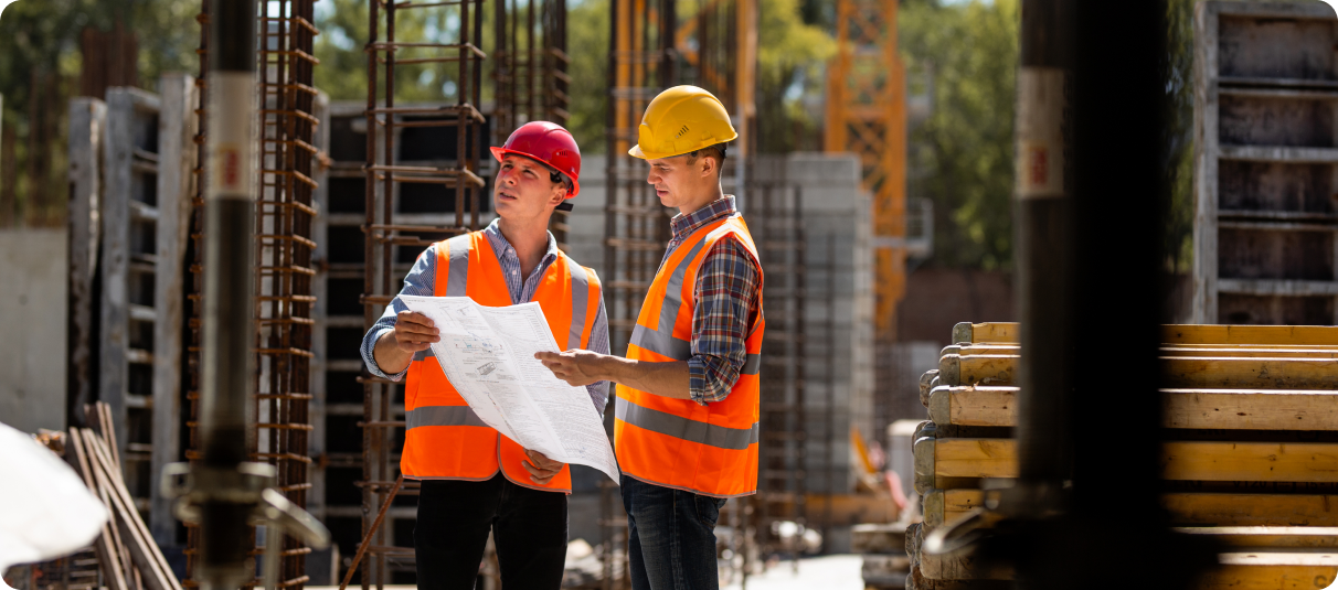 construction-manager-engineer-dressed-orange-work-vests-hard-helmets-explore-construction-documentation-building-site-near-steel-frames 1